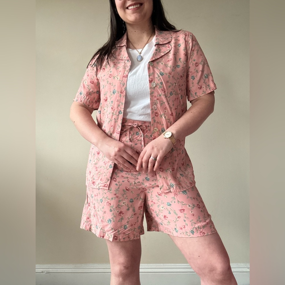 Vintage Pink Floral Top & Drawstring Shorts Set